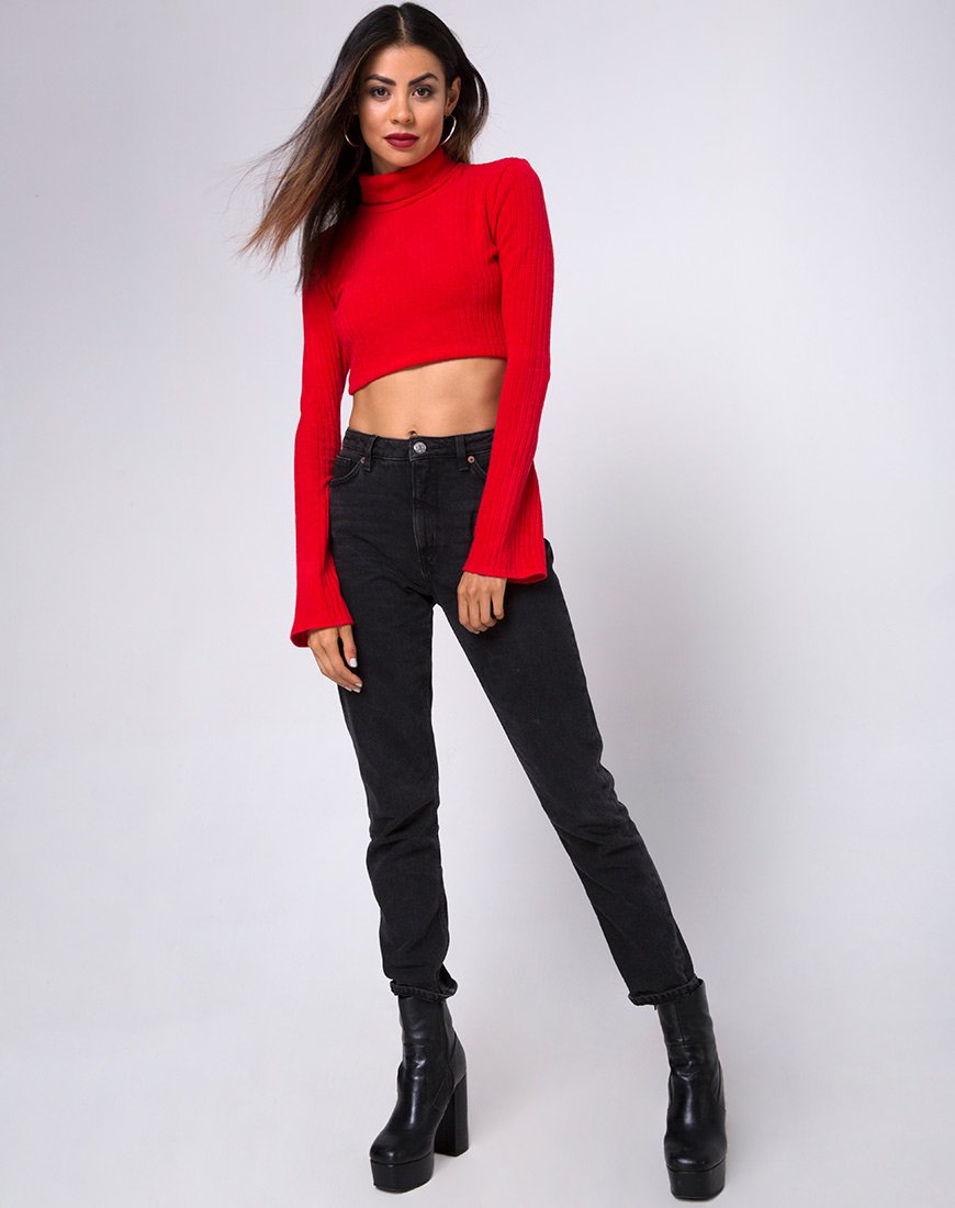 Image de Elena Crop Top en tricot côtelé rouge