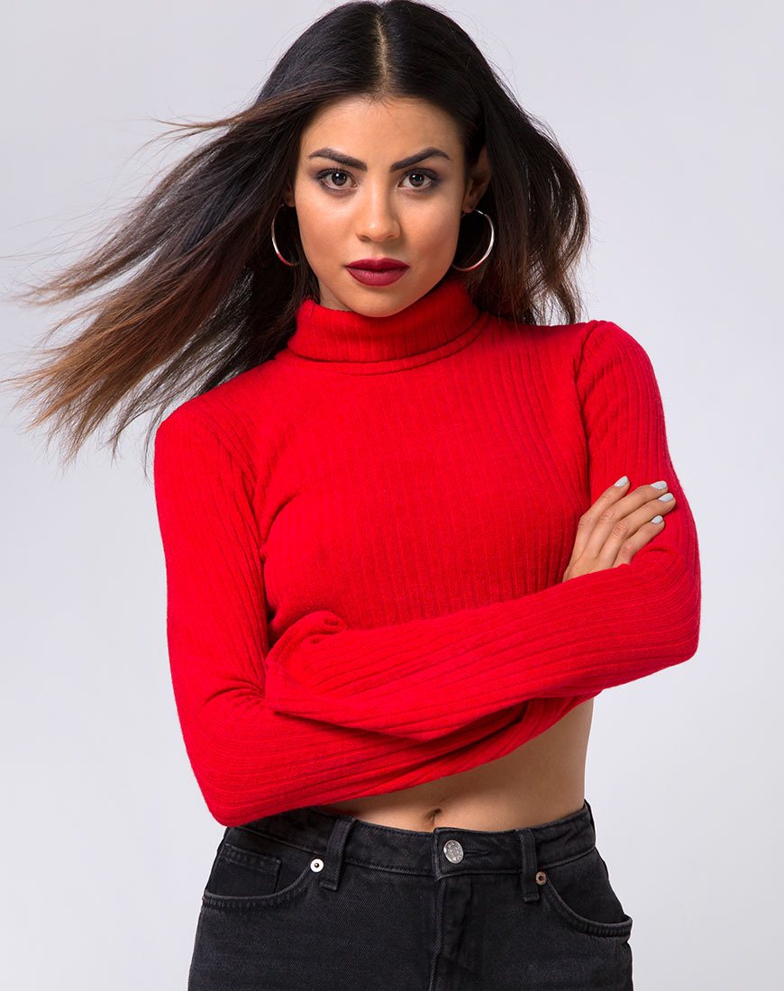 Elena Crop Top en tricot côtelé rouge