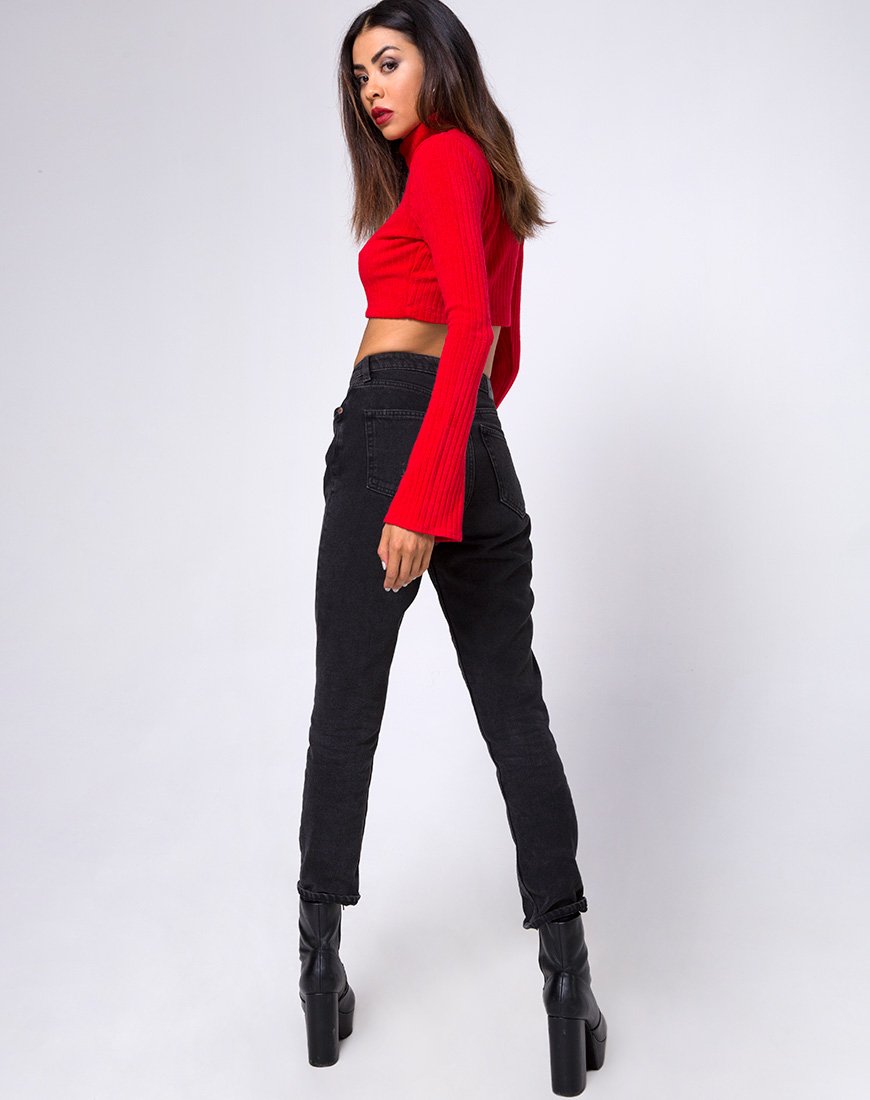 Image de Elena Crop Top en tricot côtelé rouge