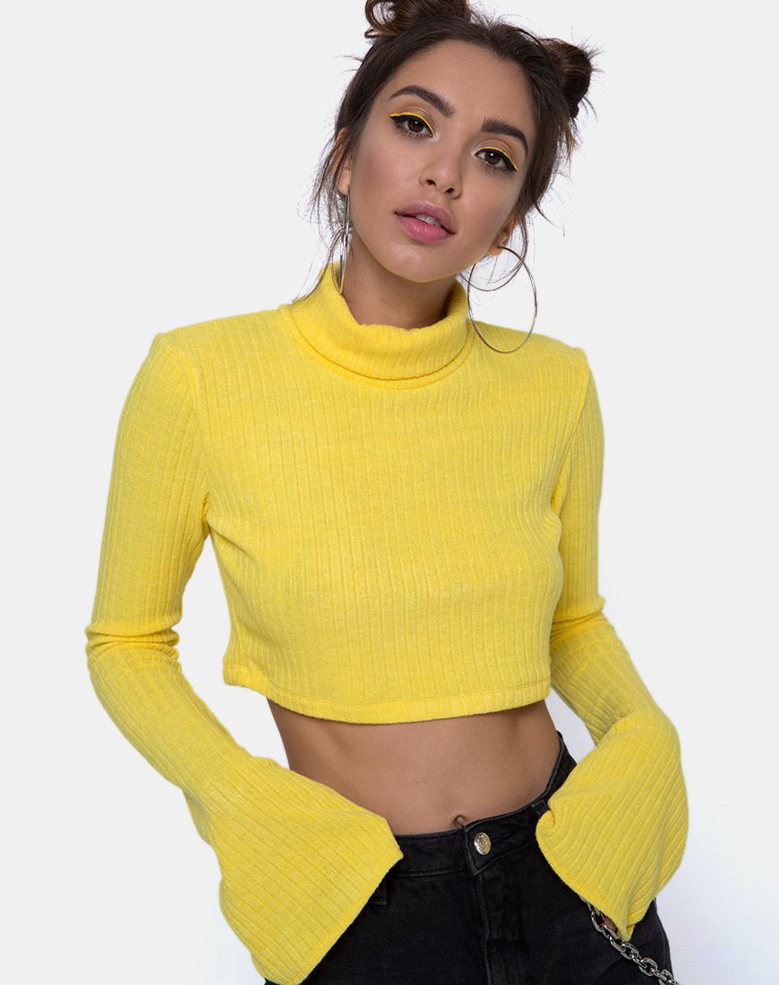 Elena Crop Top en tricot côtelé jaune