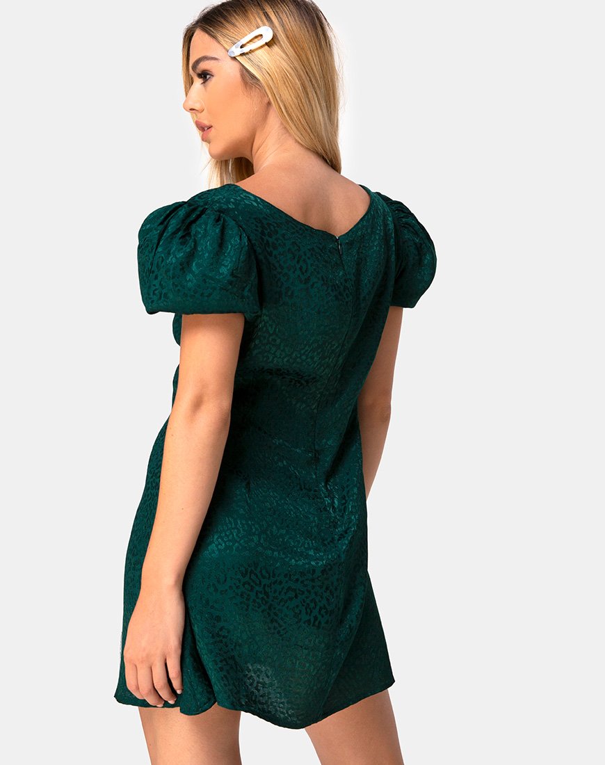 Image of Elfy Mini Dress in Satin Cheetah Forest Green