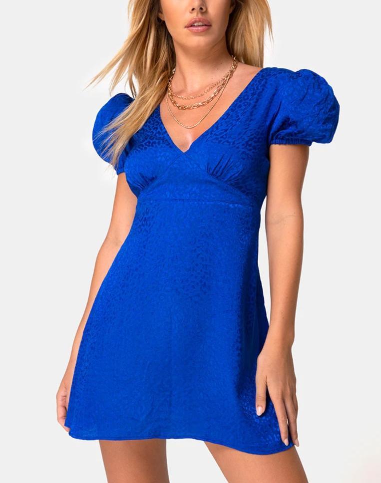 Elfy Mini Robe en Satin Cheetah Royal Blue