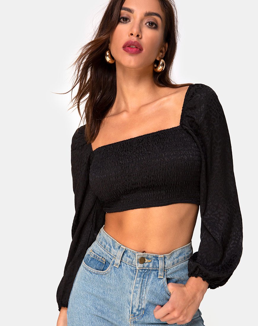 Top Elina en satin noir Cheetah