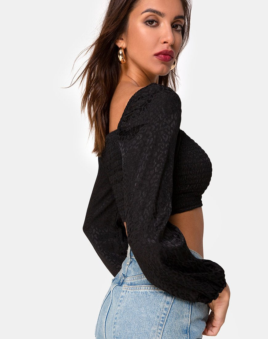 Image of Elina Top in Black Satin Cheetah