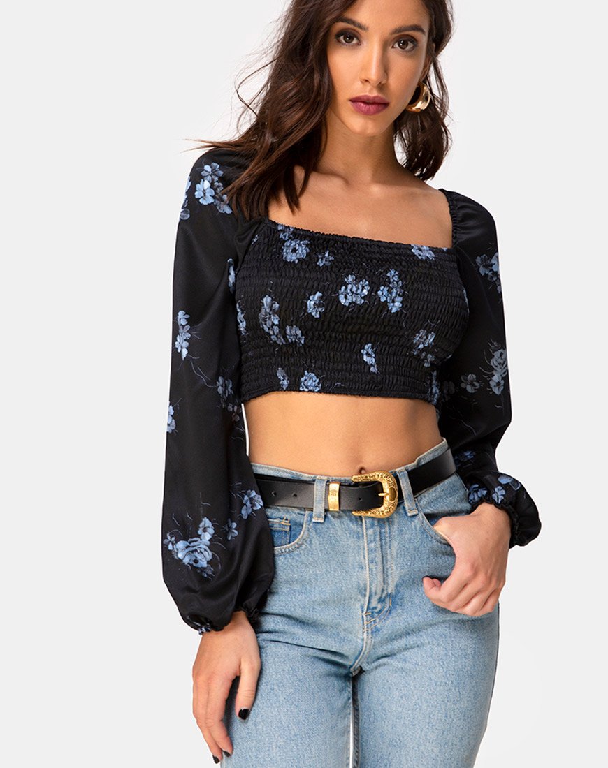 Top Elina en satin noir Mono Flower