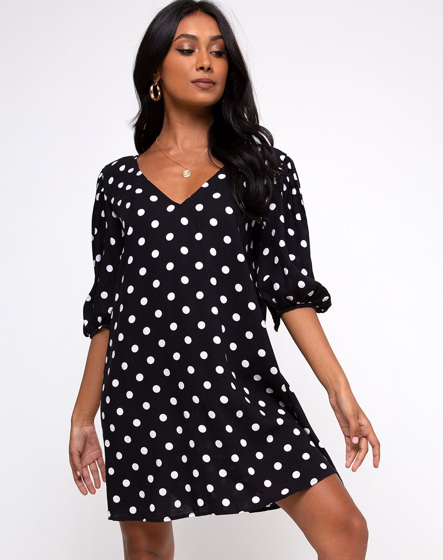 Elna Babydoll Dress in 80's Polka Black (Robe nuisette 80's à pois)