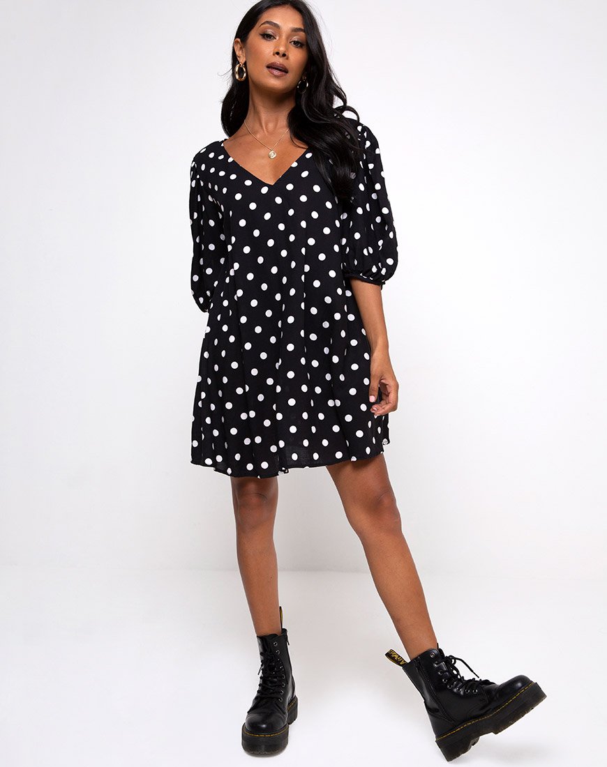 Image of Elna Babydoll Dress in 80s Polka Black
