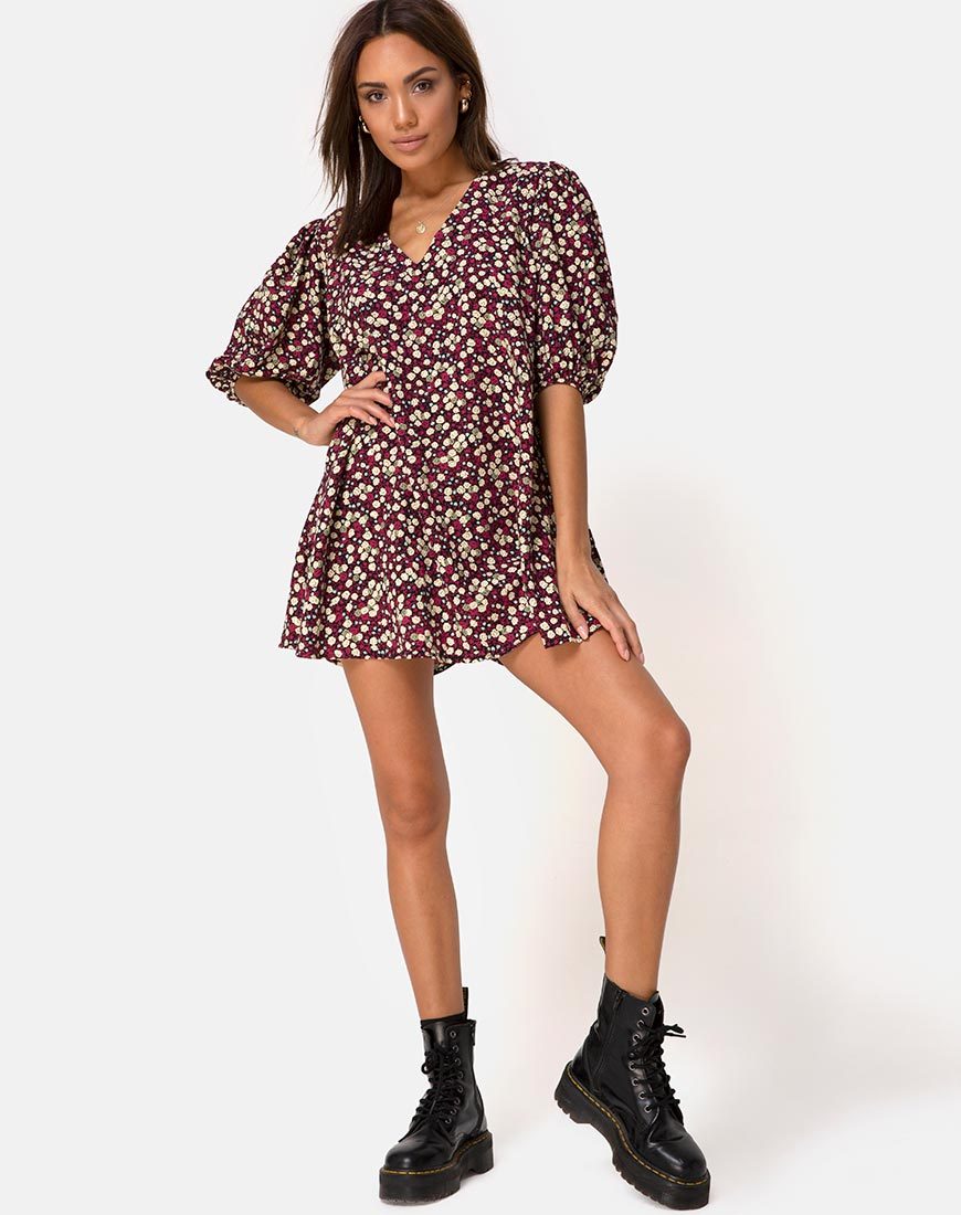 Image of Elna Babydoll Dress in Floral Field Plum