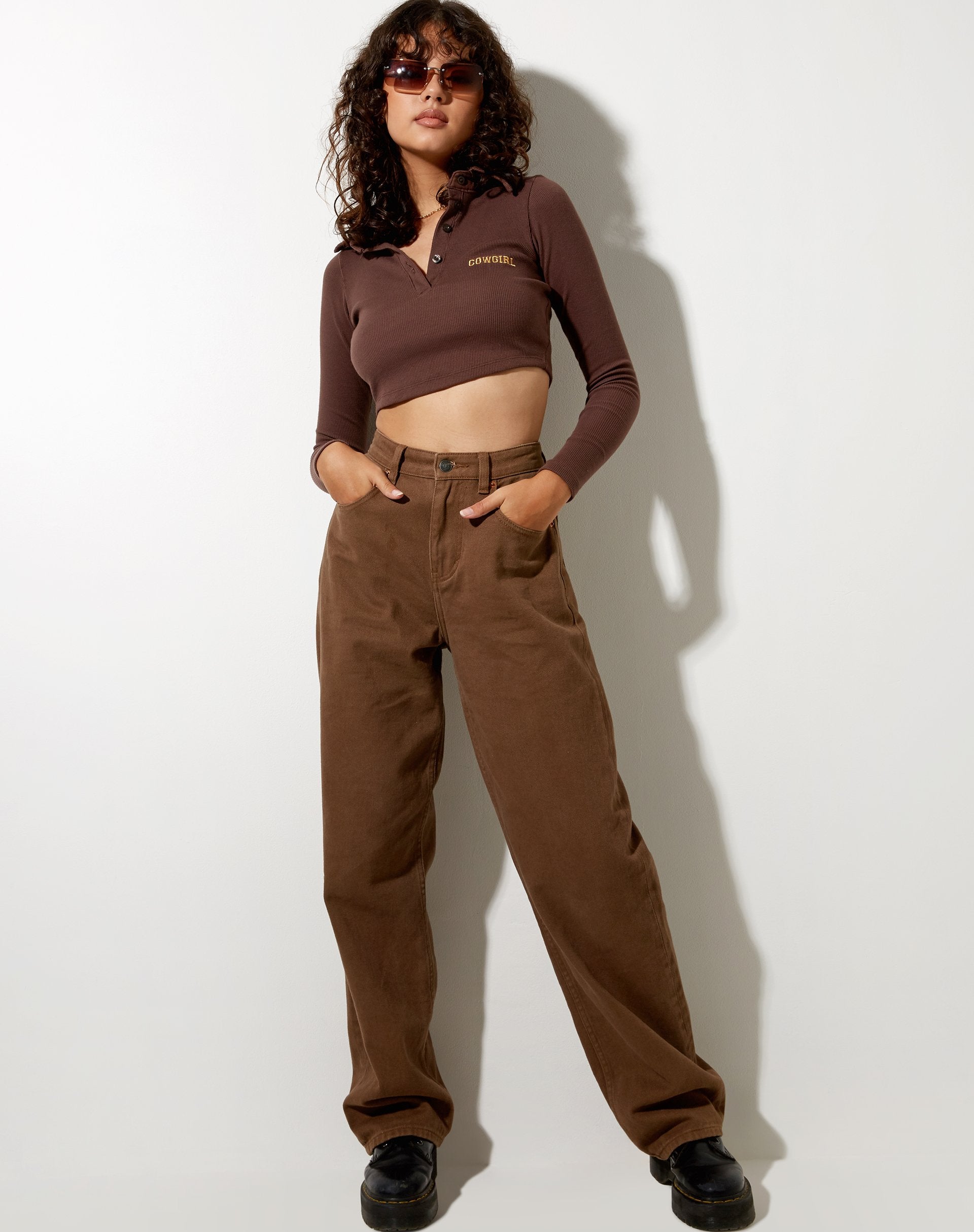 Image of Elody Crop Top in Rib Deep Mahogany Cowgirl Embro