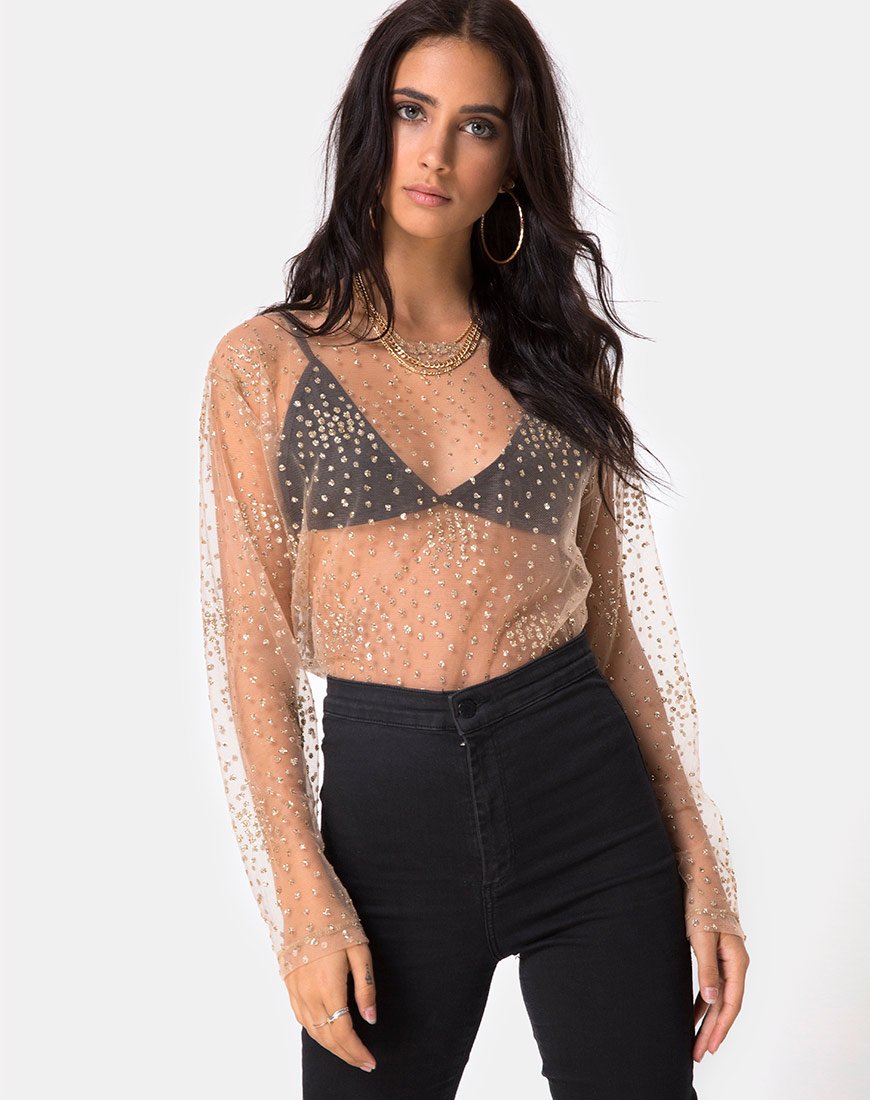 Image de Ether Longsleeve Top in Gold Glitter on Net Tan