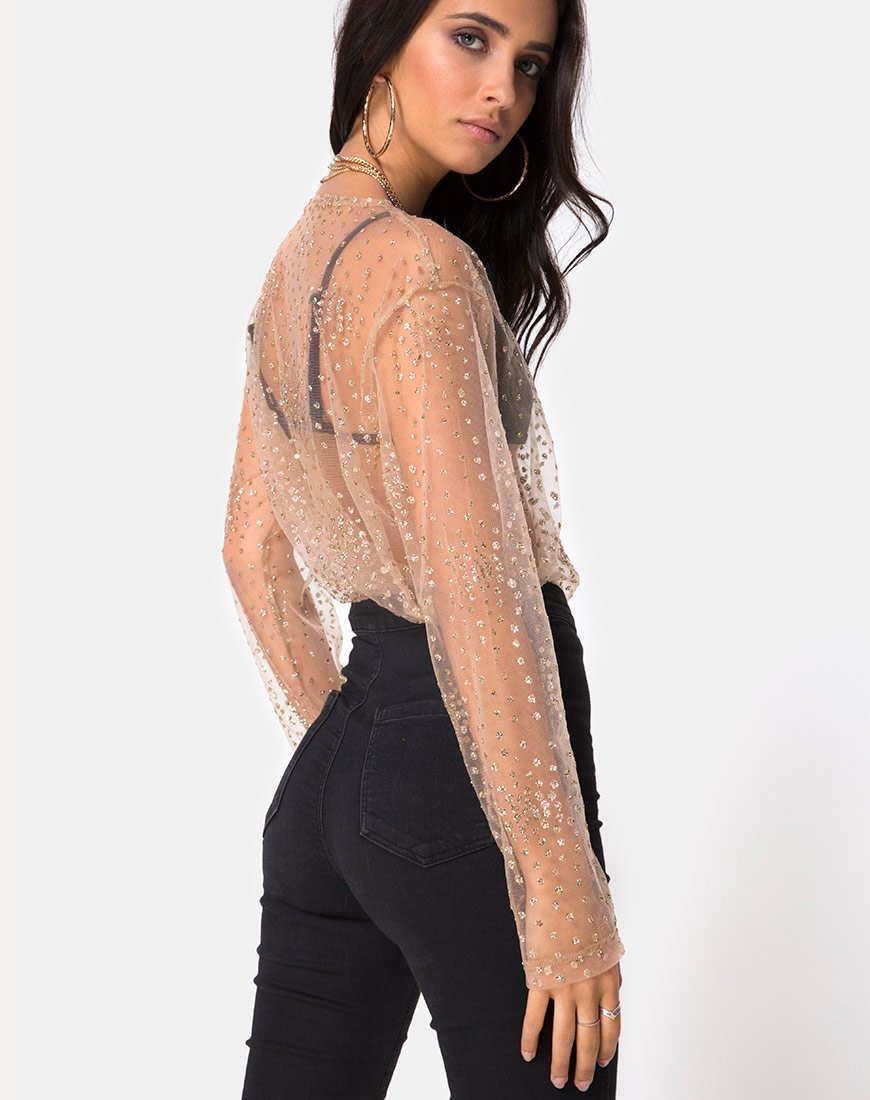 Image de Ether Longsleeve Top in Gold Glitter on Net Tan