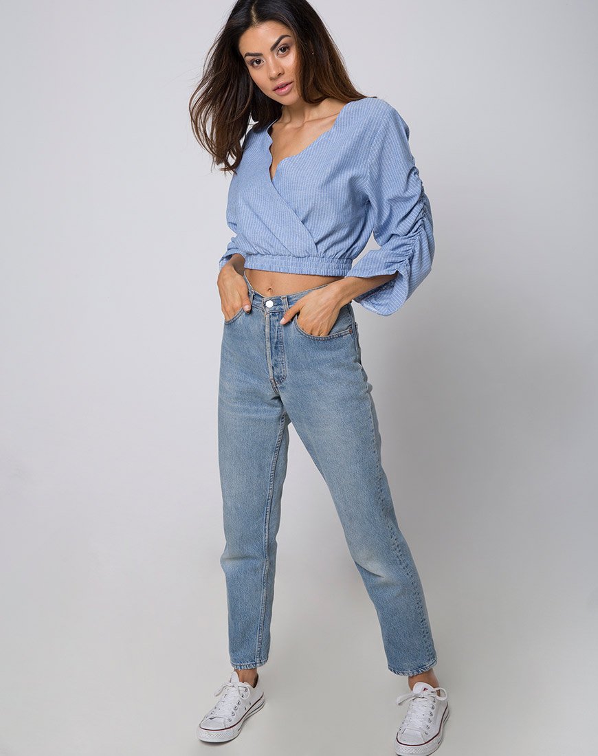 Image of Evrilia Wrap Around Blouse in Stripe Blue