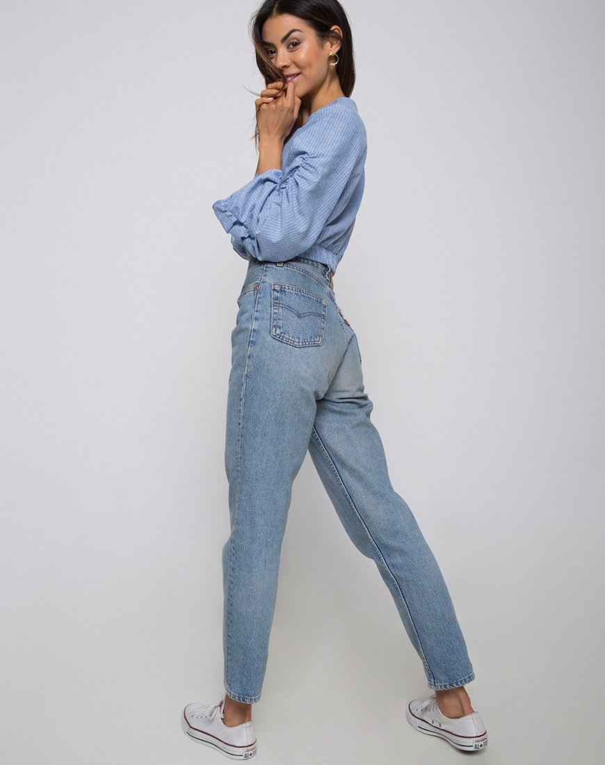 Image of Evrilia Wrap Around Blouse in Stripe Blue