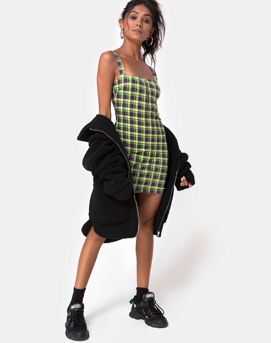 Image of Farzi Bodycon Dress in Green and Purple Check (Robe bodycon à carreaux verts et violets)