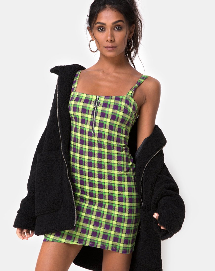 Farzi Bodycon Dress in Green and Purple Check (Robe bodycon à carreaux verts et violets)