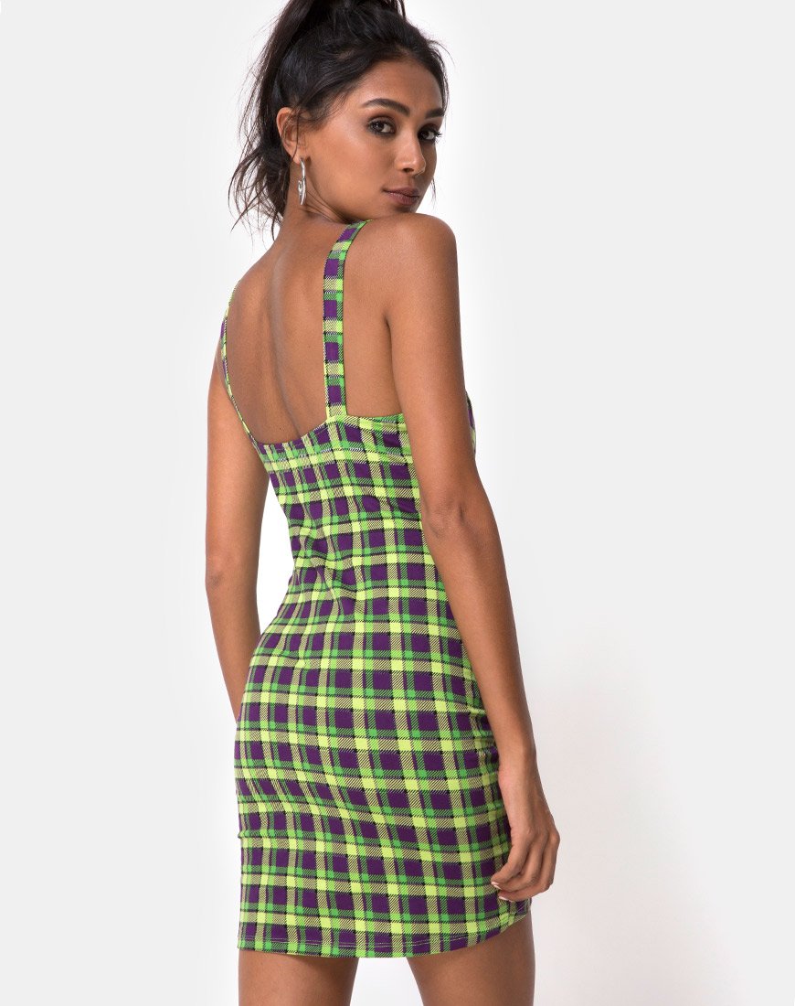 Image of Farzi Bodycon Dress in Green and Purple Check (Robe bodycon à carreaux verts et violets)