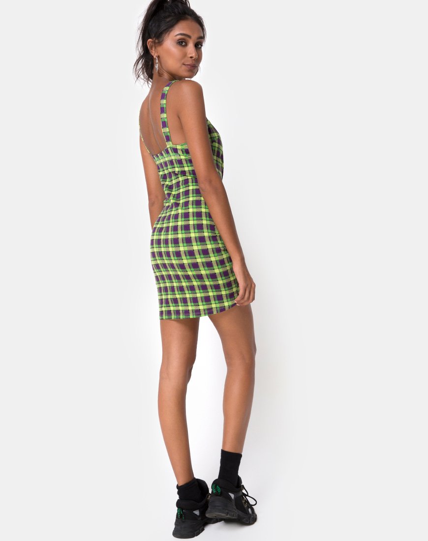 Image of Farzi Bodycon Dress in Green and Purple Check (Robe bodycon à carreaux verts et violets)