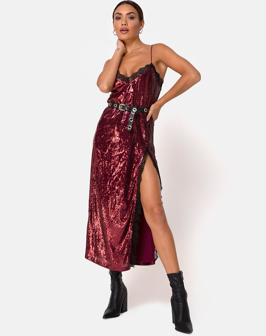 Robe Fitilia en mini paillettes bourgogne avec dentelle noire