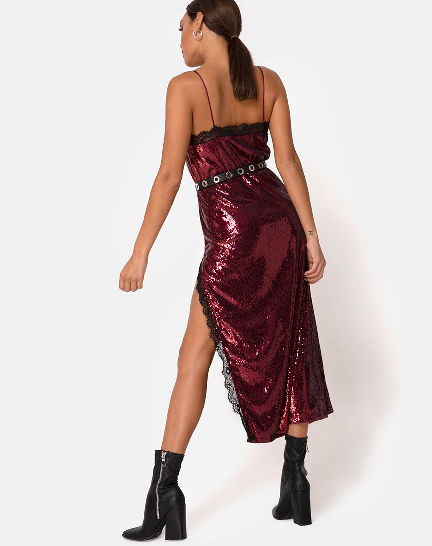 Image of Fitilia Dress in Burgundy Mini Sequin with Black Lace