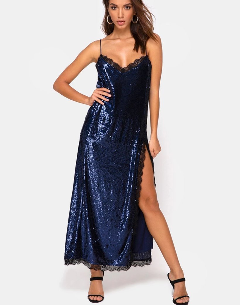 Fitilia Maxi Dress in Midnight Mini Sequin with Black Lace (Robe longue en paillettes minuscules et dentelle noire)