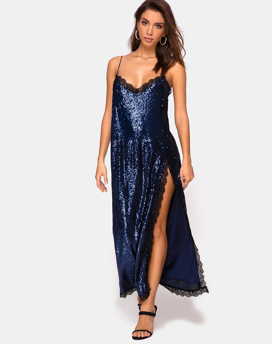 Image de Fitilia Maxi Dress in Midnight Mini Sequin with Black Lace