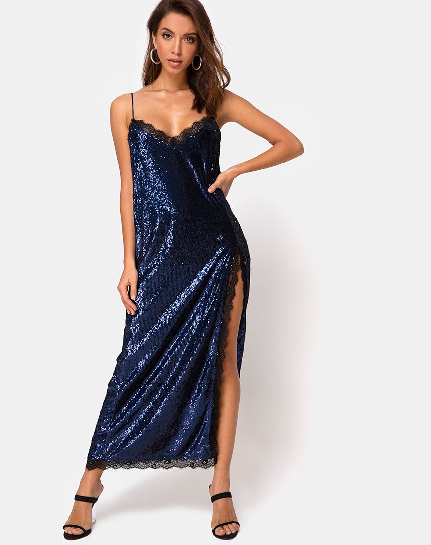 Image de Fitilia Maxi Dress in Midnight Mini Sequin with Black Lace