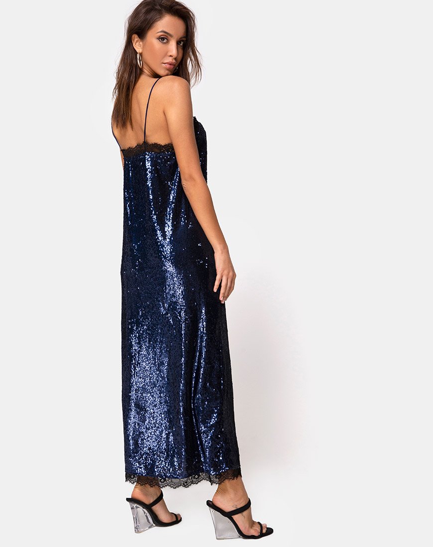 Fitilia Maxi Dress in Midnight Mini Sequin with Black Lace (Robe longue en paillettes minuscules et dentelle noire)