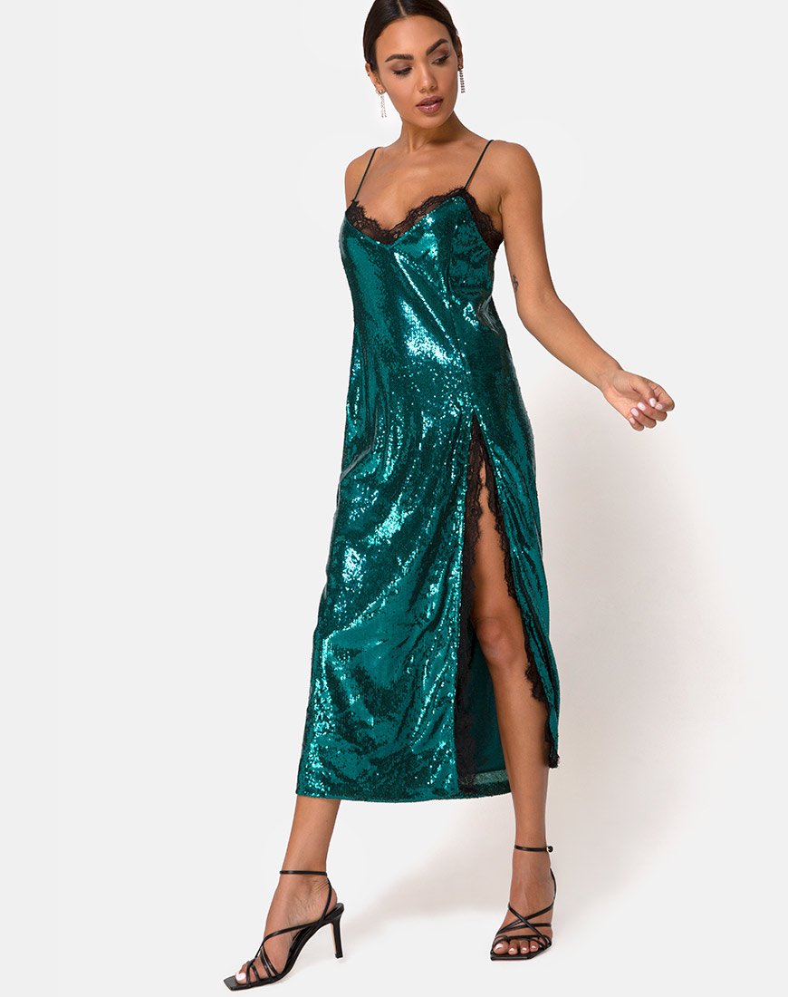 Robe Fitilia en mini sequins sarcelle avec dentelle noire