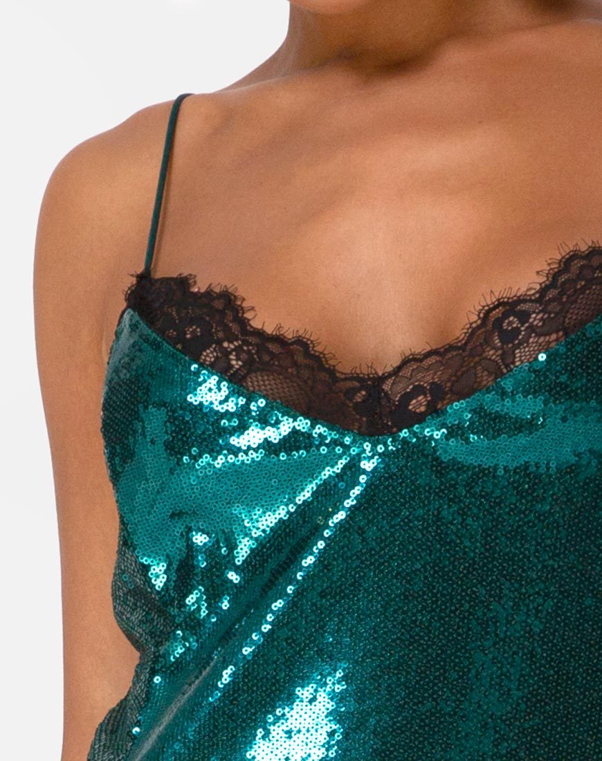 Image of Fitilia Dress in Teal Mini Sequin with Black Lace