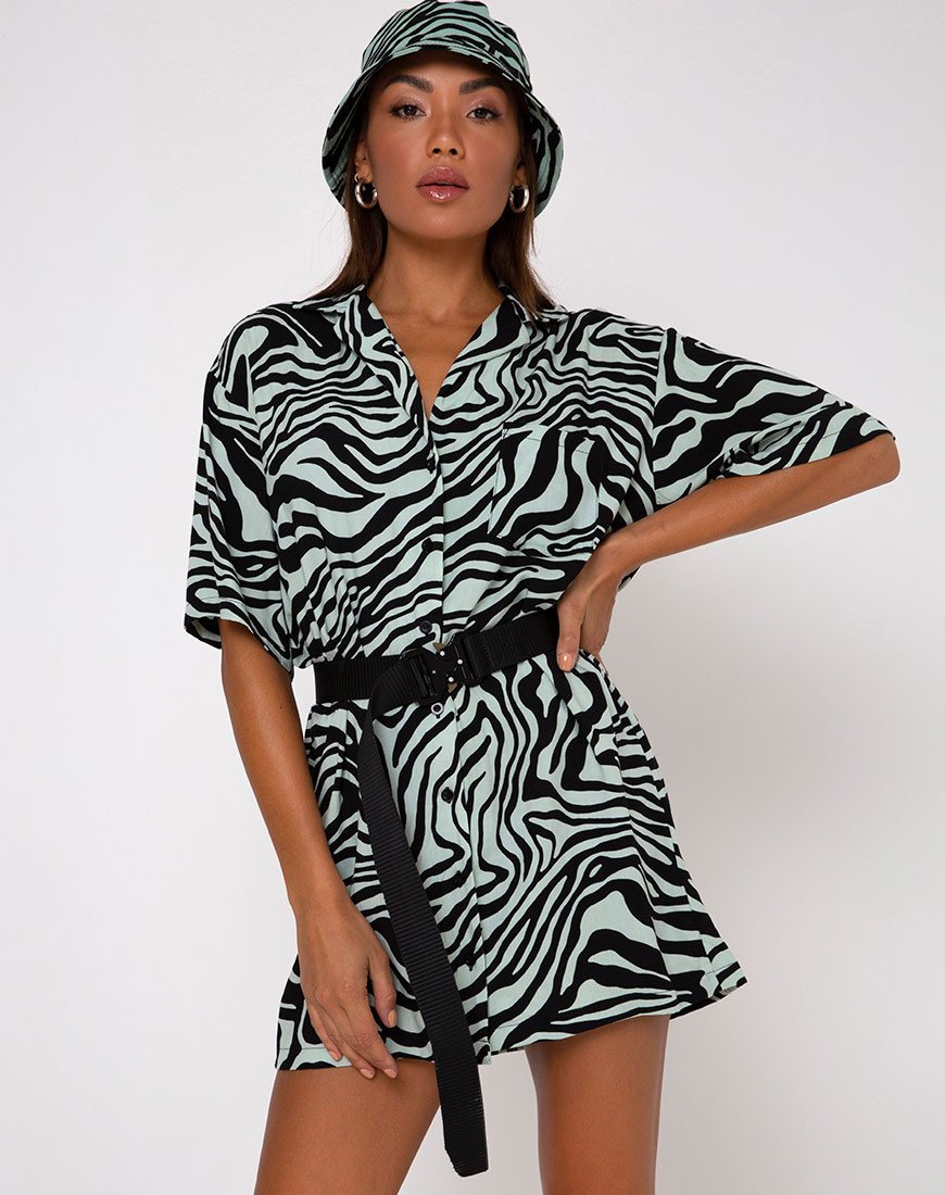 Robe chemise Fresia, zèbre ondulé, menthe