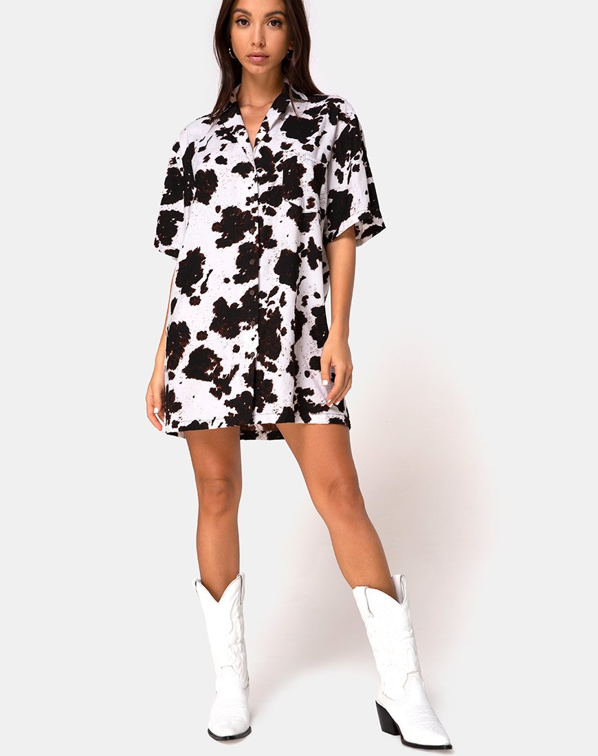 Image de la mini robe Fresia en peau de vache marron et blanc