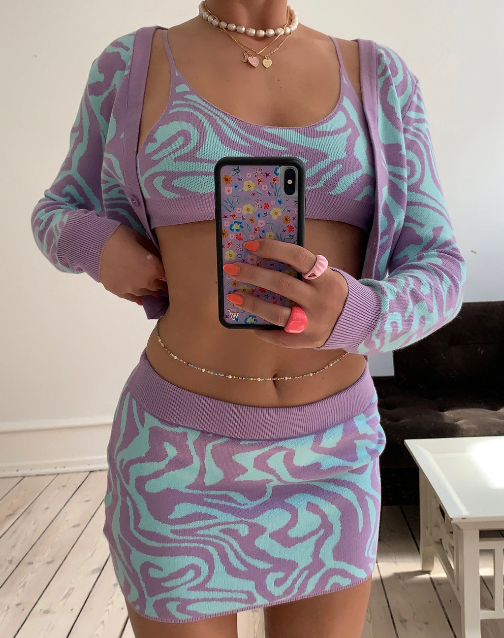 Minijupe Hira en tricot Jagged Swirl lavande et menthe
