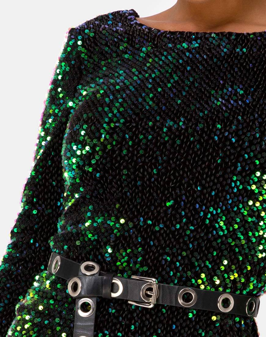 Image of MOTEL DELUXE Gabby Sequin Plunge Back Dress in Iridescent Green