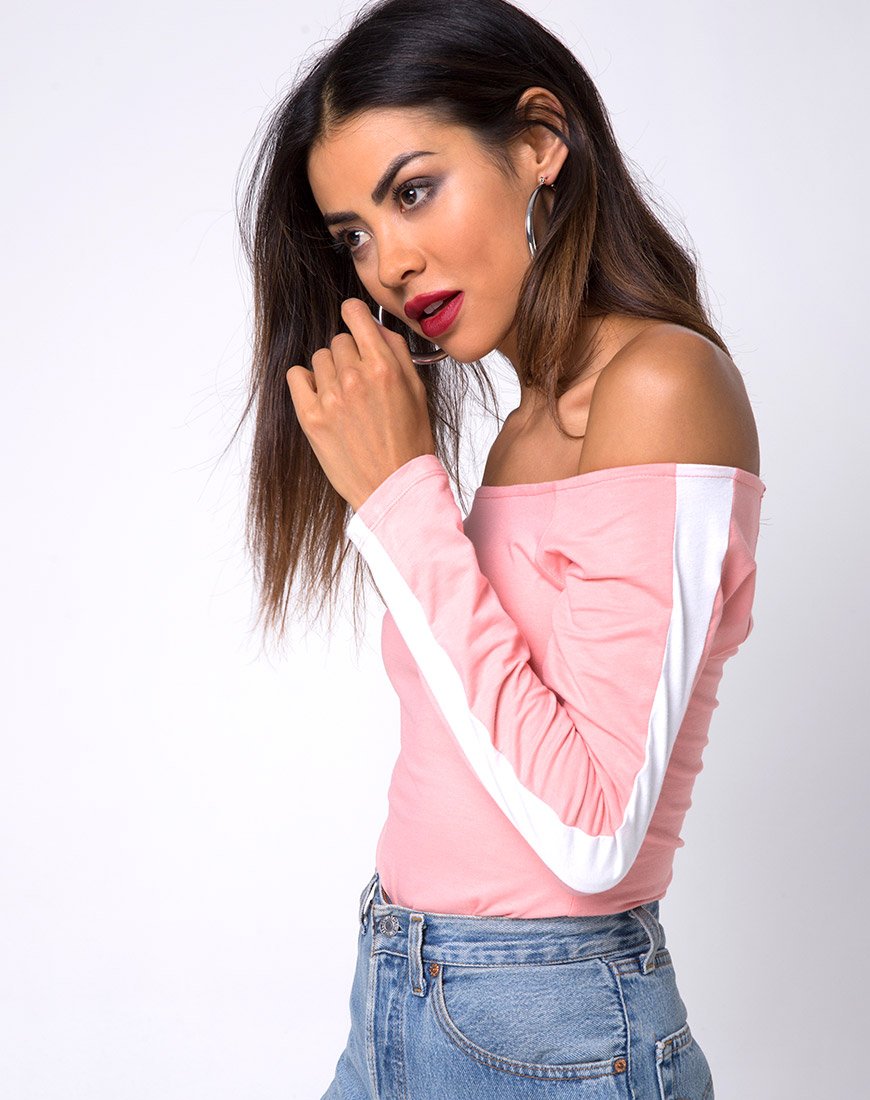 Image de Gadice Bodice Off The Shoulder en rose pâle avec des rayures blanches