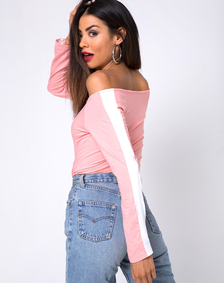 Image de Gadice Bodice Off The Shoulder en rose pâle avec des rayures blanches