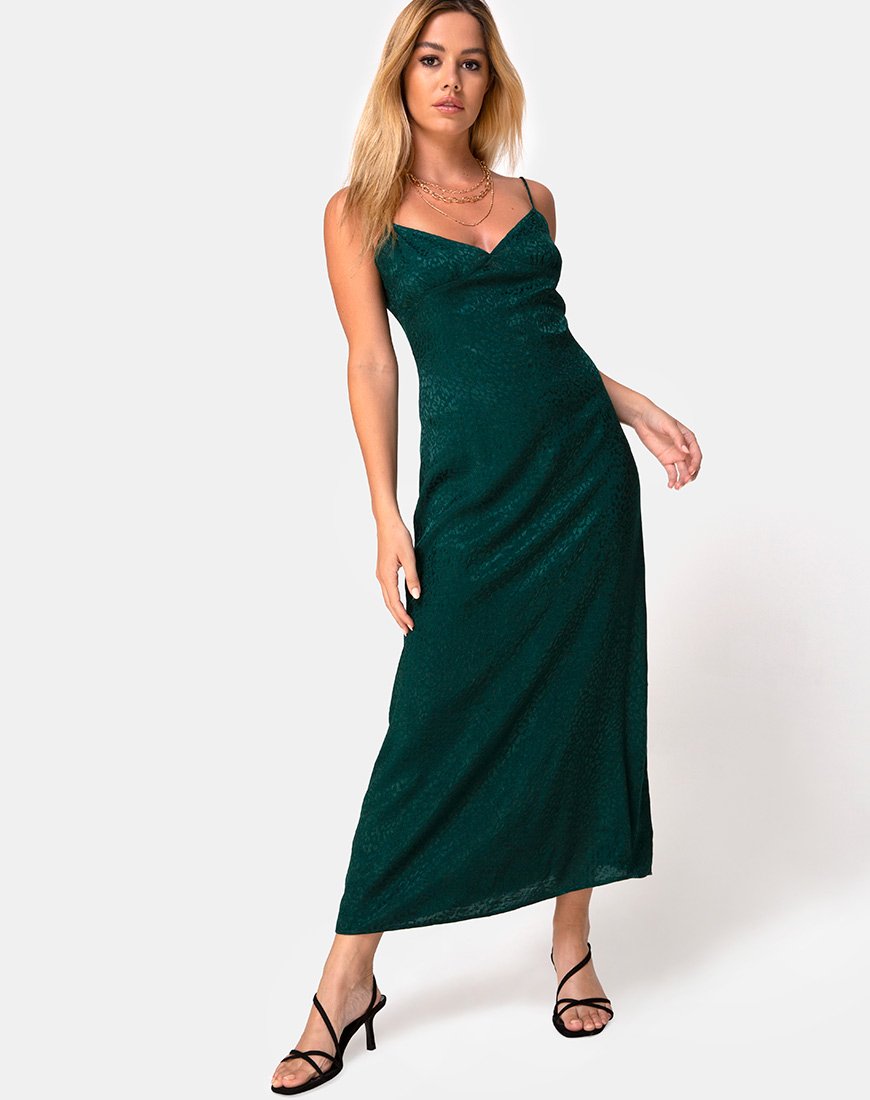 Gaela Slip Dress in Satin Cheetah Forest Green (robe à bretelles en satin guépard)
