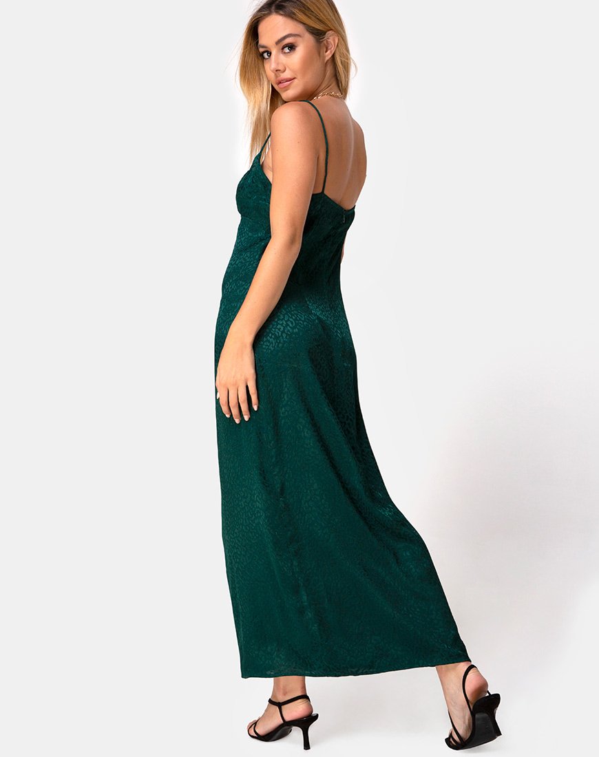 Gaela Slip Dress in Satin Cheetah Forest Green (robe à bretelles en satin guépard)