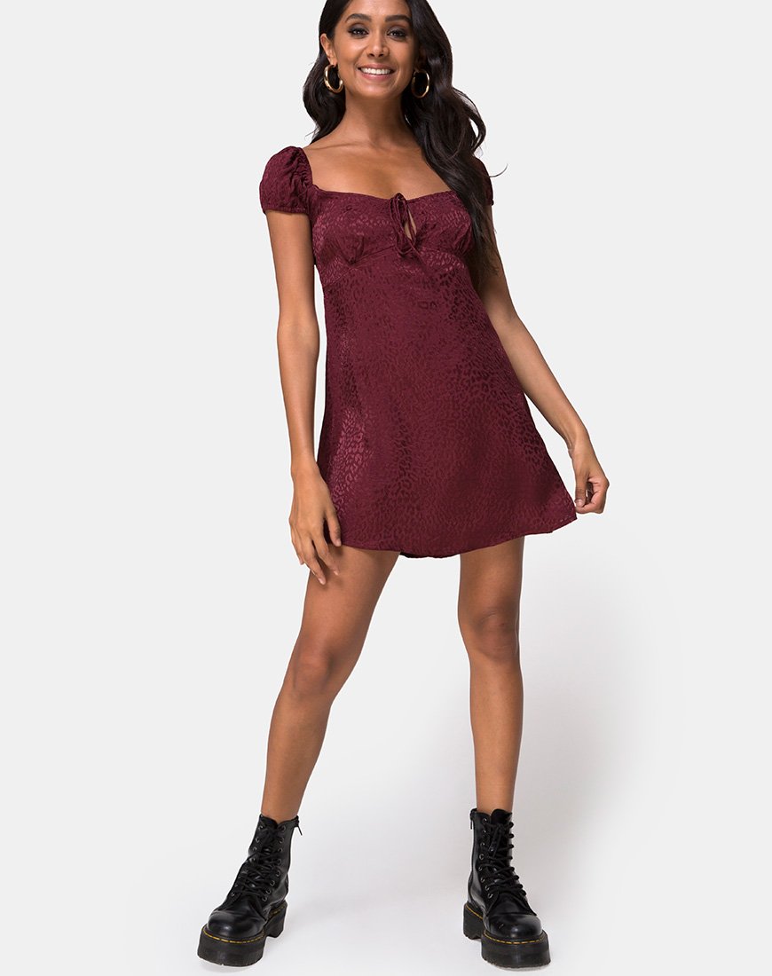 Image of Gaval Mini Dress in Satin Cheetah Burgundy