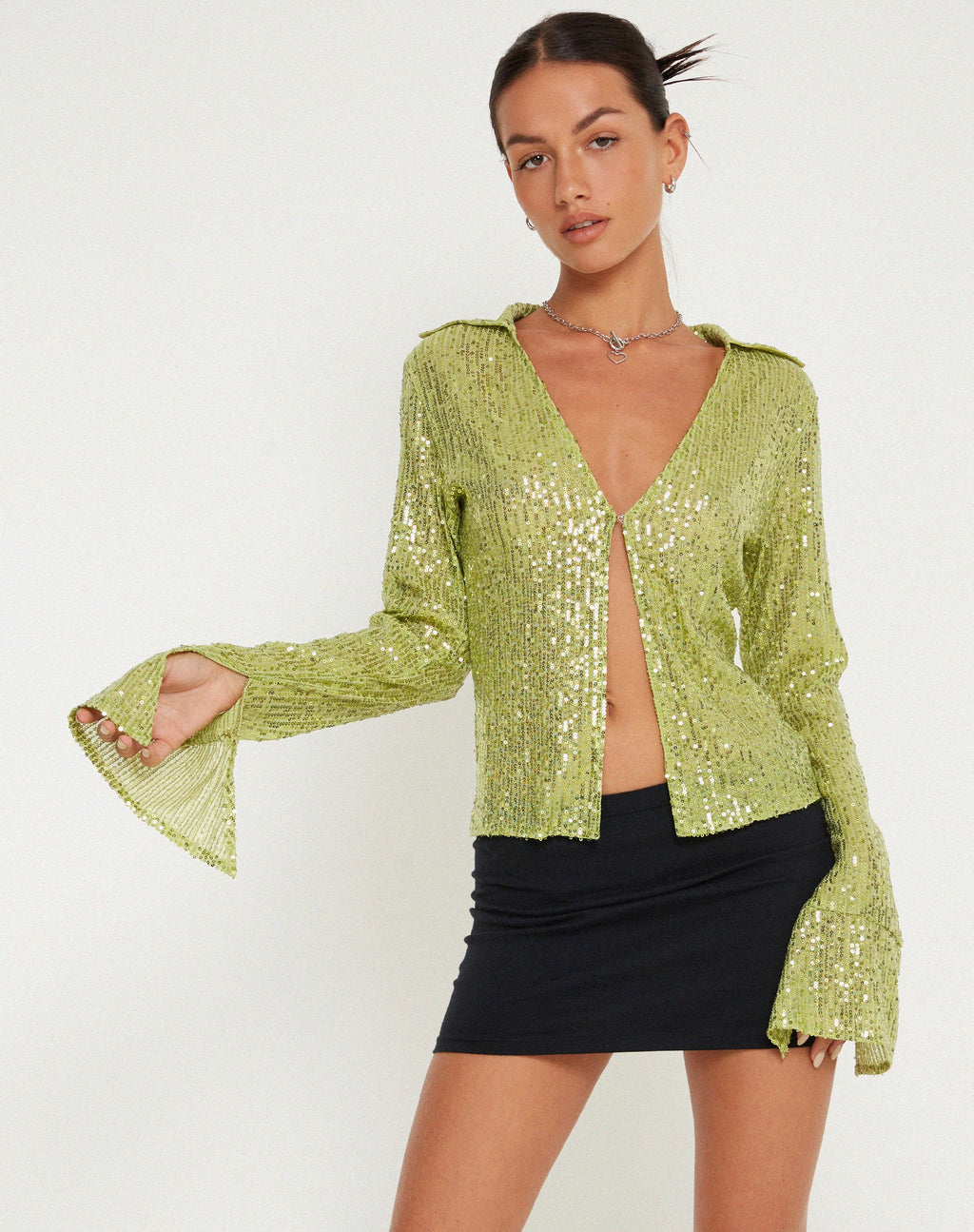 Gedza Button Top in Drape Sequin Lime Green (Top à boutons en paillettes drapées)