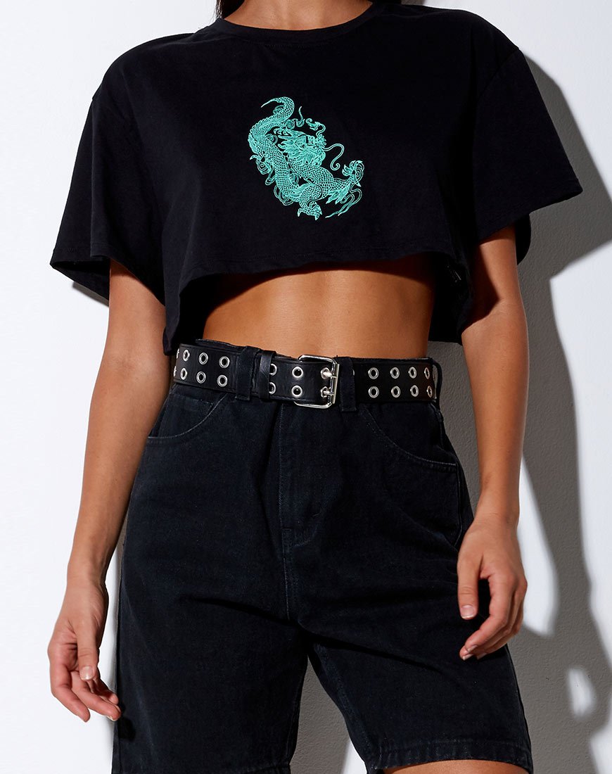 Tee-shirt court Georgi en noir et placement de dragon menthe