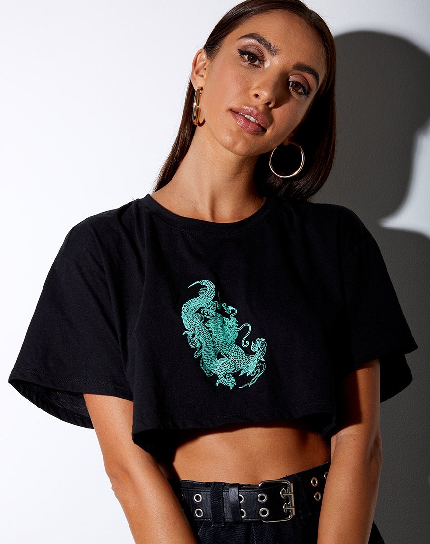 Image of Georgi Cropped Tee in Black and Mint Dragon Placement