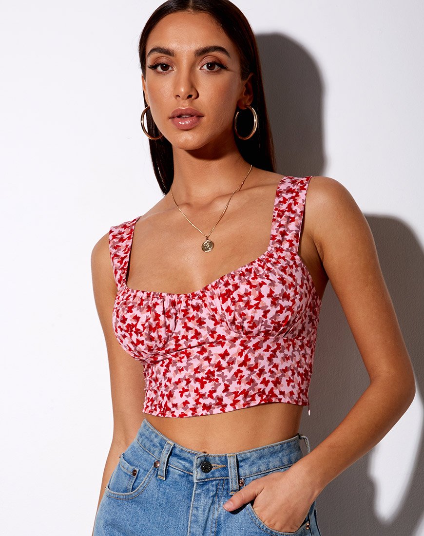 Image de la veste Gladis Crop Top in Ditsy Butterfly Peach and Red