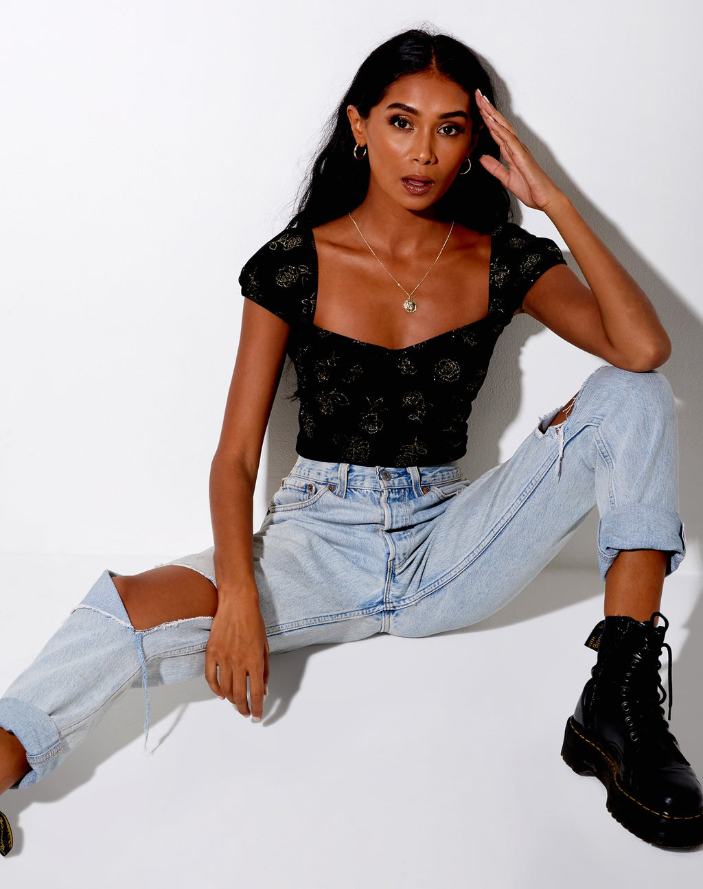 Glasty Crop Top en noir et or Rose Stamp