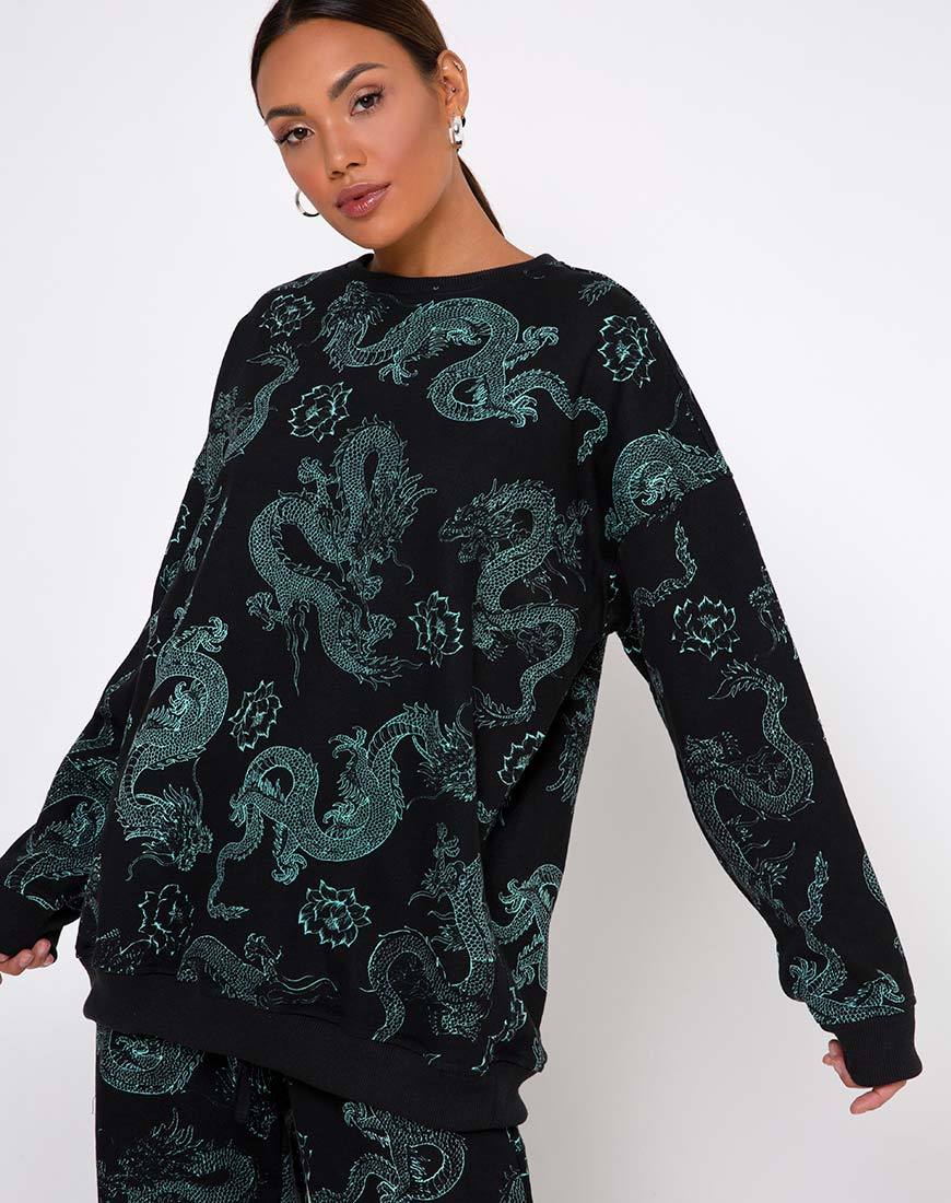 Sweatshirt Glo en fleur de dragon noir et menthe