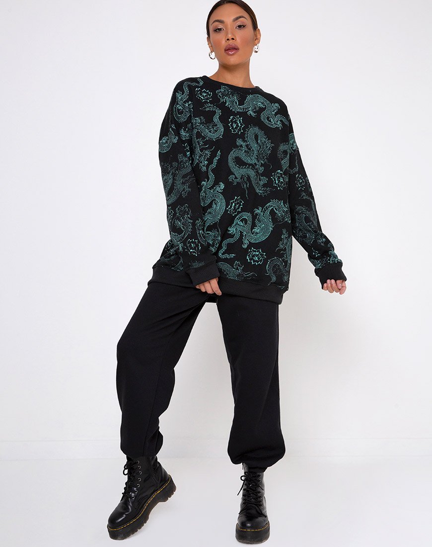 Image de Glo Sweatshirt en fleur de dragon noir et menthe