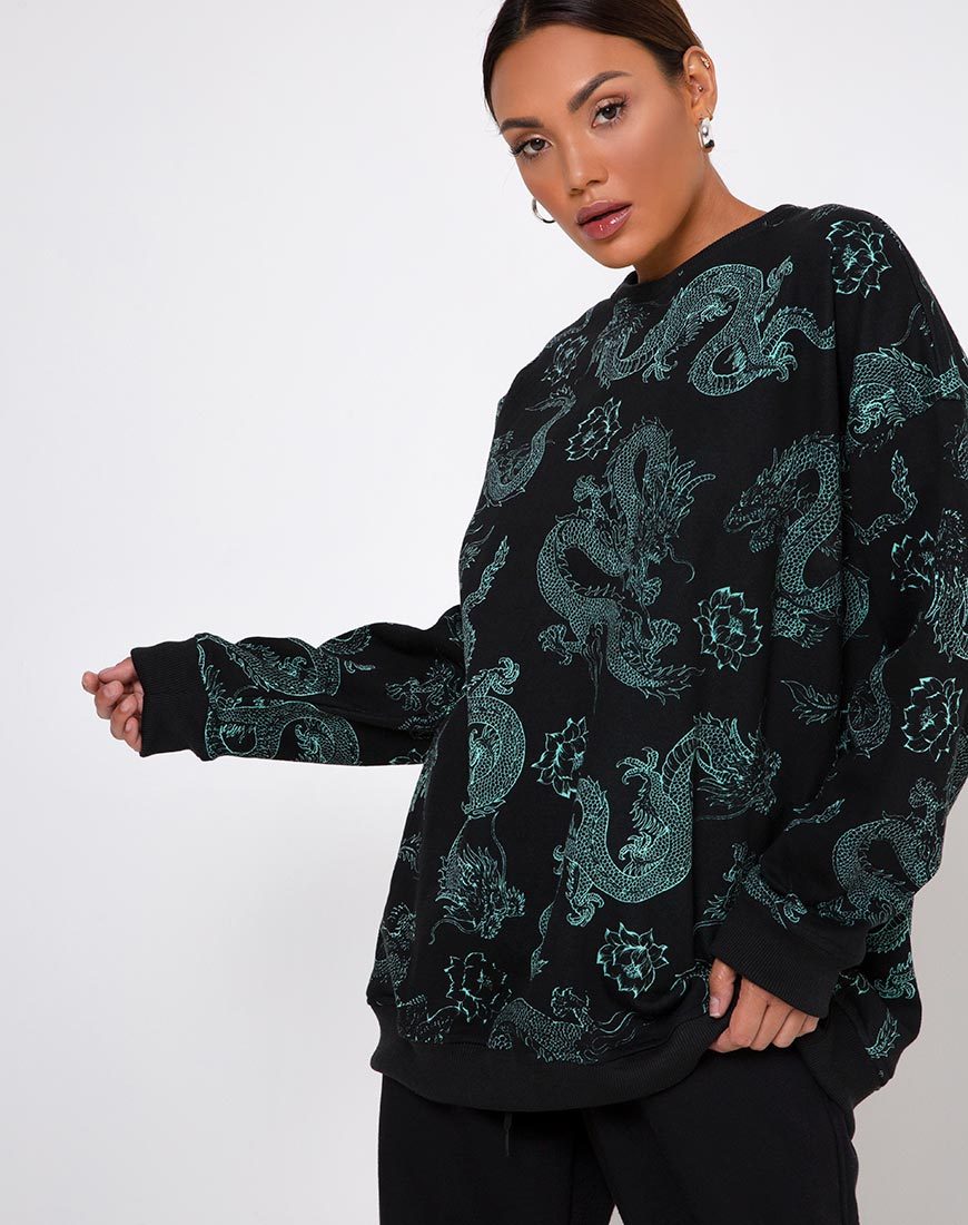 Image de Glo Sweatshirt en fleur de dragon noir et menthe