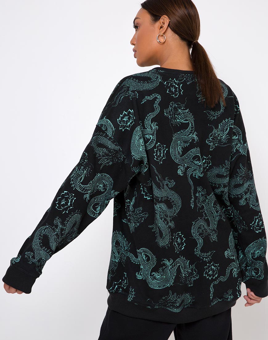 Image de Glo Sweatshirt en fleur de dragon noir et menthe