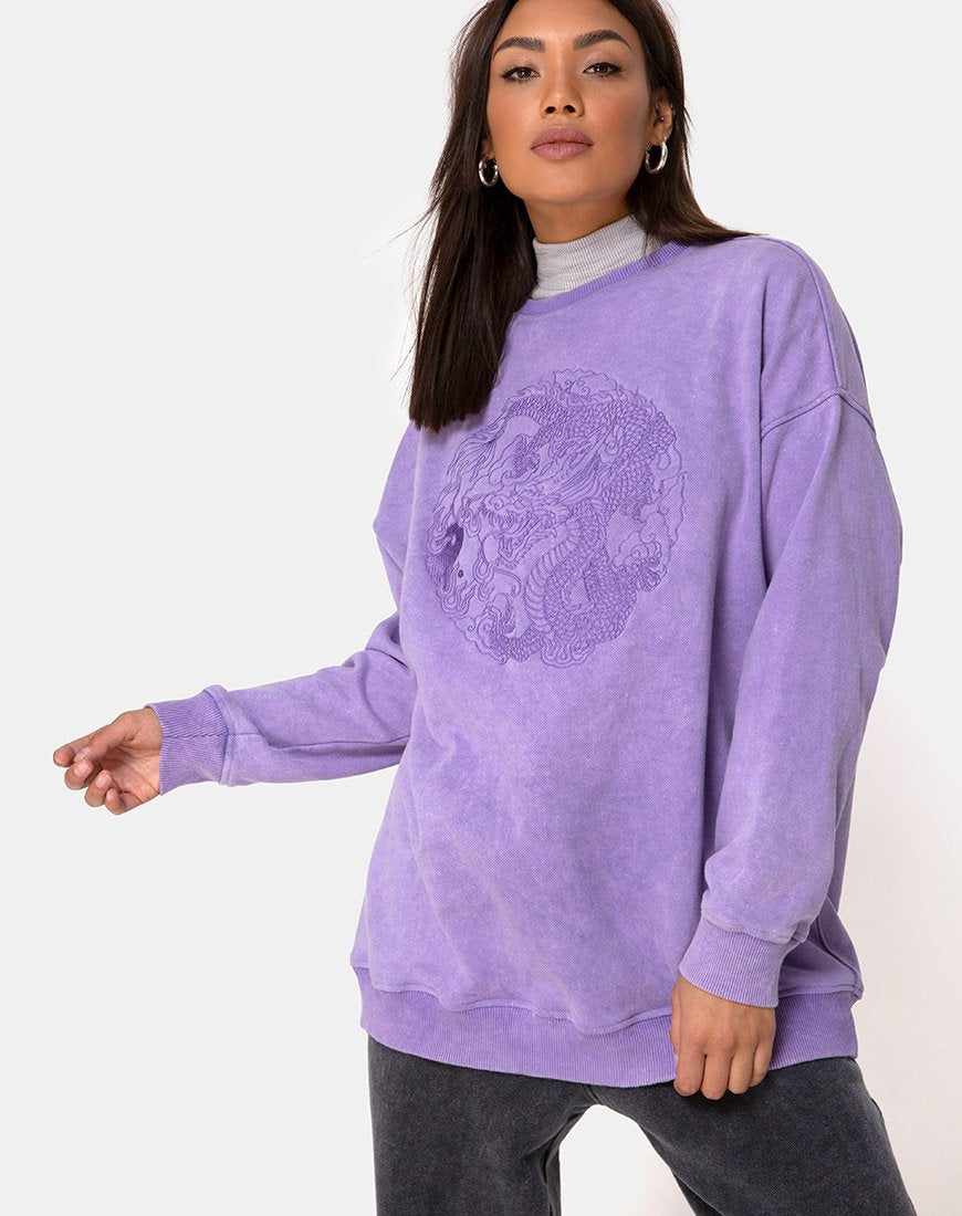 Sweatshirt Glo en tissu lavé lilas avec broderie dragon