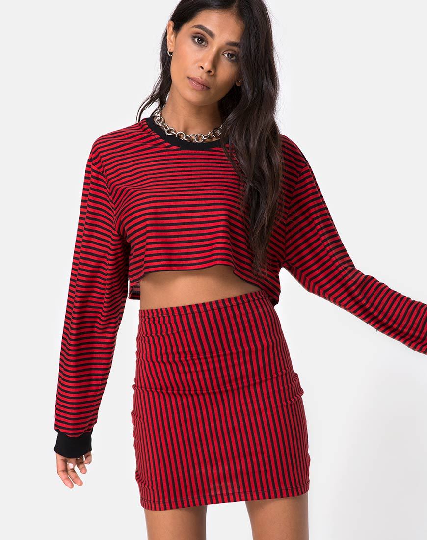 Image de Kimmy Bodycon Skirt in Mini Stripe Red and Black