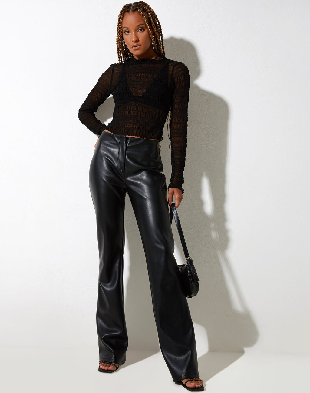 Grasi Long Sleeve Top in Shirred Mesh Black (Top à manches longues en maille froncée)